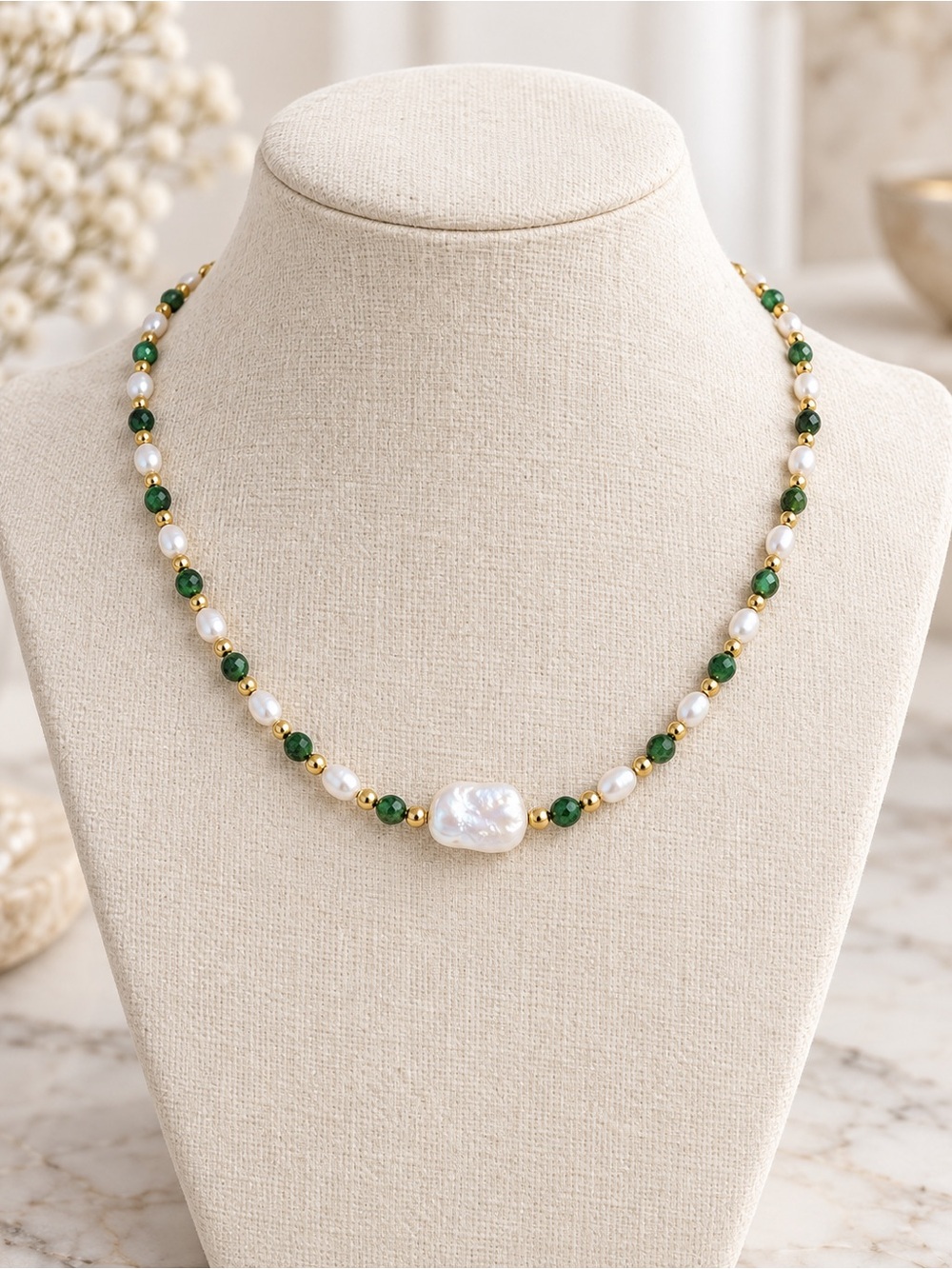 New Medina fine pearls - Pearl and genuine malachite stone necklace